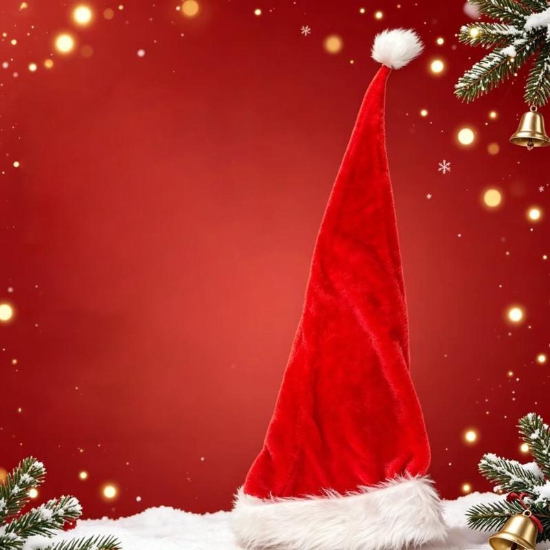 Red Santa Hat with Extended Drooping Shape, Smooth Short-Pile Fabric and White Trim for Holiday Gatherings and Costumes