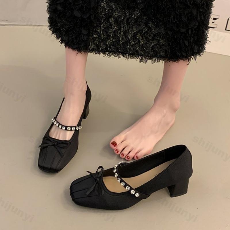Fashion Women's Bow-knot High Heels 2025 Autumn New Square Toe Coarse Heel Ballet Shoes Comfortable Medium Heel Mary Janes Elegant Pumps