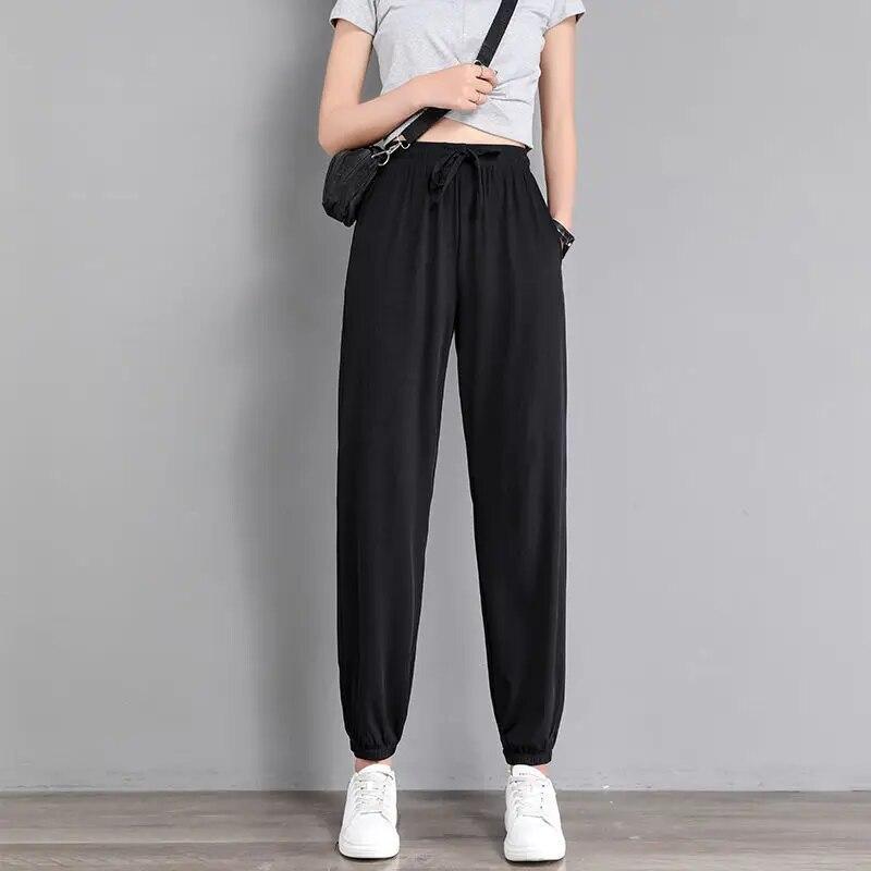 

Harajuku женские новые однотонные повседневные спортивные штаны корейская мода летние тонкие свободные брюки с карманами и высокой талией на шнурке спортивные брюки XL чёрный