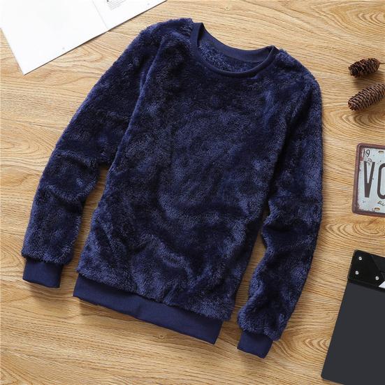 Men Sweatshirt Double-sided Plush Long Sleeve O-neck Loose Fit Windproof Keep Warm Streetwear Solid Color Male Winter Pullover Top for Outdoor