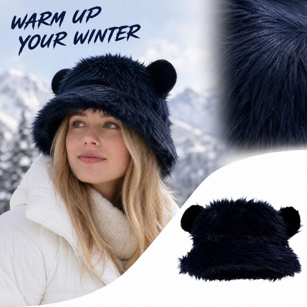 Unisex Bear Ears Hat Thickened Warm Fisherman Hat with Ear for Outdoor Winter
