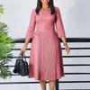 Damen Unifarben Plissiert V-Ausschnitt 3/4 Ärmel Hohe Taille A-Linie Midi-Kleid