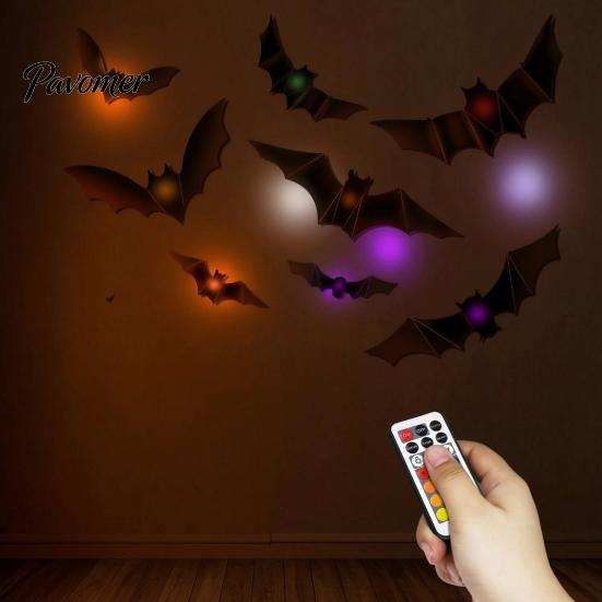 Easy Install Wall Stickers 48Pcs Halloween Bats Decor, LED Light Up Bats, 12 Lights with Remote, Spooky Home Decor for 6 Sizes 3D Indoor Window