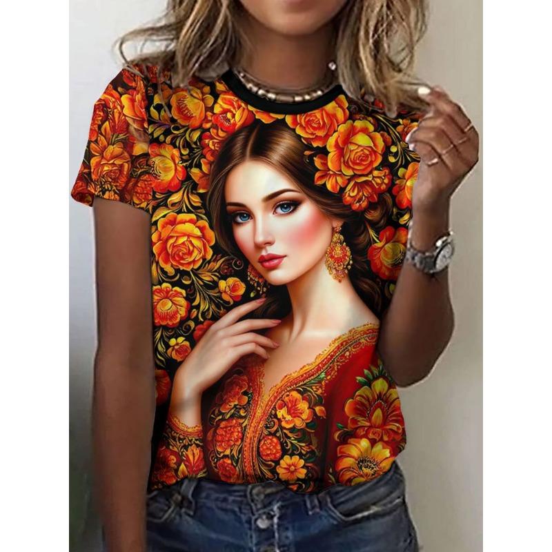 Russian Girl T-Shirts Floral 3D Print Summer Women Casual Round Neck Short Sleeve T Shirt Tees Harajuku Y2K Tops Female Clothing
