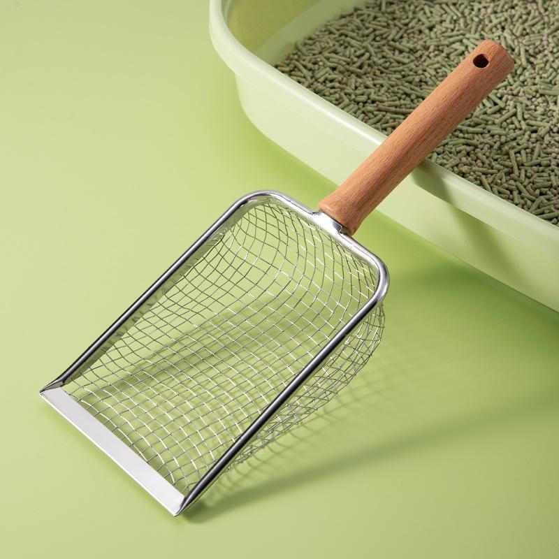 

Wooden Handle Stainless Steel Cat Litter Scoop with Large Holes - Ideal for Tofu Litter and Reptile Sand 1x1mm Hole