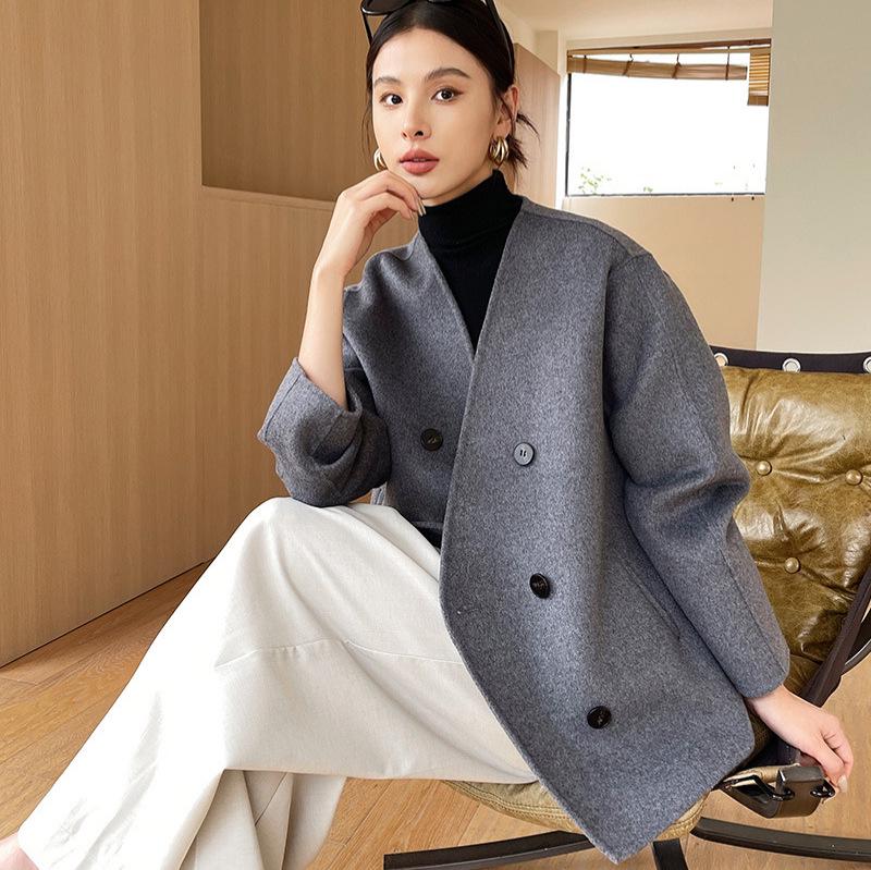 

Gray Stylish V-Neck Double-Sided Wool Coat - Women s Winter Short Jacket Large