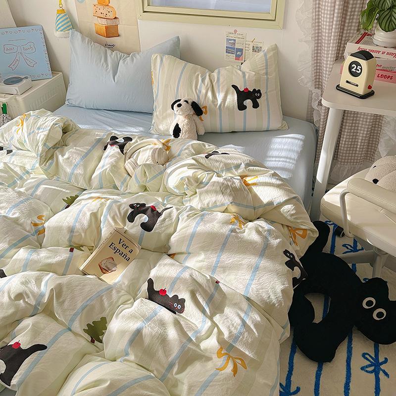 Cream Pure Cotton 4 Piece Bed Sheet Set Washable All Cotton Duvet Cover Pillowcase Class A 3 Piece Set Soft Comfortable Bedding