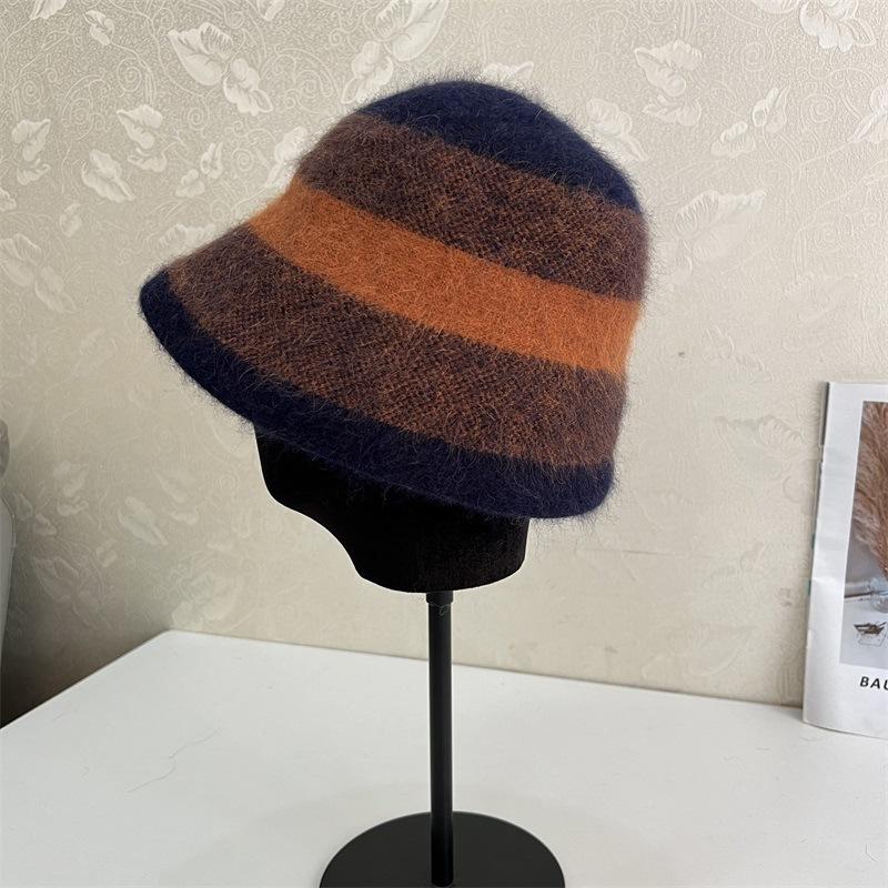 Contrasting Color Rolled Brim Wool Bucket Hat Women's Autumn and Winter Temperament Elegant Warm Basin Hat Versatile Velvet Wool Hat