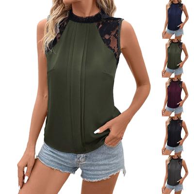 Fashion Lace Stitching Sleeveless Half Turtleneck Solid Color Top For Women