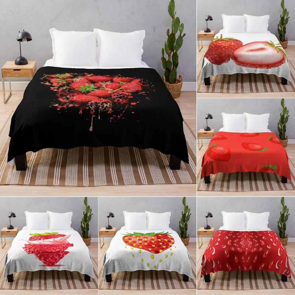 Fresh Strawberry Fruit Flannel Throw Blanket For Sofa Couch Bed Living Room Blanket King Queen Size Super Soft Warm Lightweight