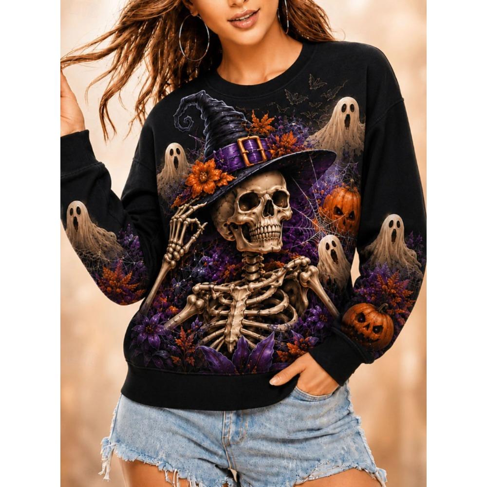 Tops for Women Halloween Print  Round Neck Long Sleeve T-shirt Fall Casual Slim Pullover Women's Long Sleeve Top