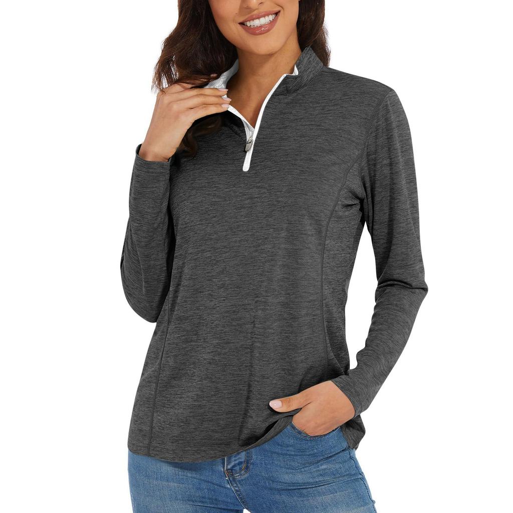 Women's Casual Fashion Solid Color Long Sleeve Zipper Neck Top T-shirt