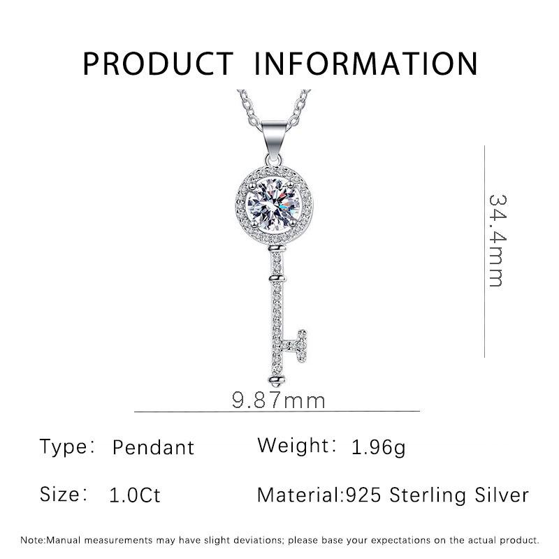 S925 Sterling Silver Moissanite Key Pendant Necklace for Women - Classic Carat Fashion Jewelry