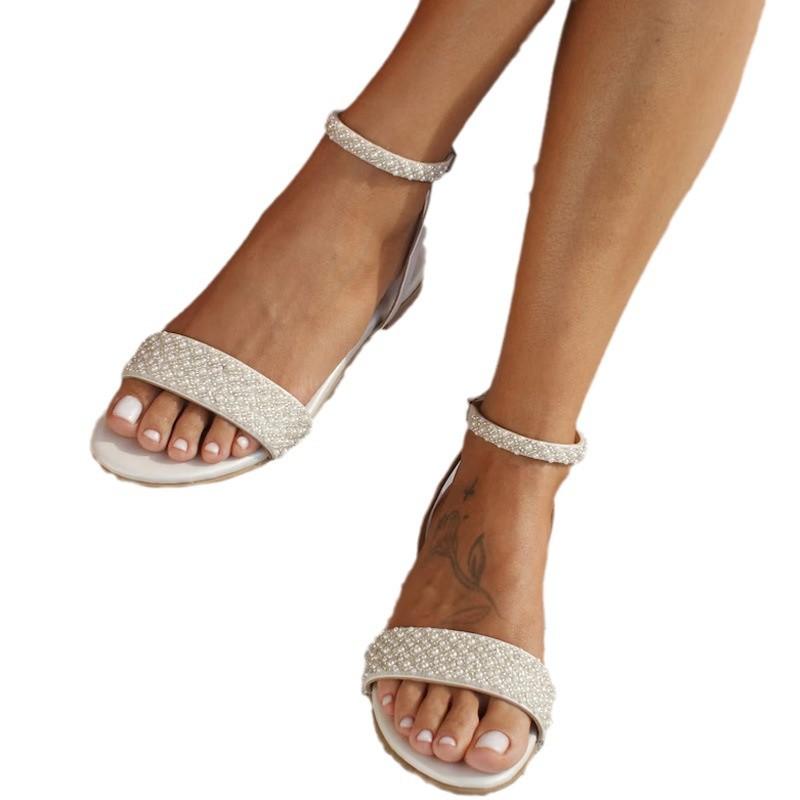 Mode Damen Weiße Flache Sandalen Perlenriemen Bequeme Hochzeitsschuhe Übergröße Lässige Outdoor-Slipper Neues Design