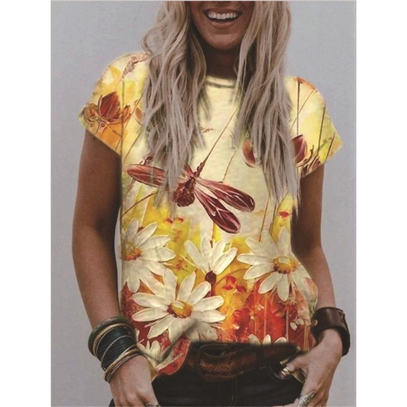 Summer Round Neck 3D Flower Print Top Fashionable Casual Short Sleeved Women's T-shirts