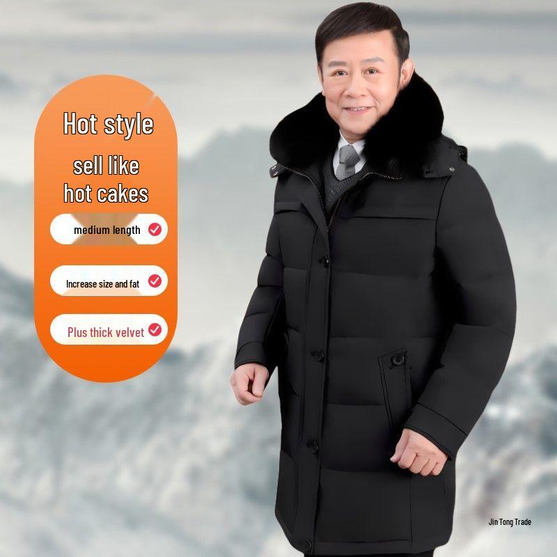 Pánská zimní péřová bunda střední délky s huňatou kapucí a kožíškem – Teplá, volný střih, velká velikost