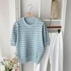 New Arrivals Open Run Women Bicolor Striped Rib Round Neck Short Sleeve Knit