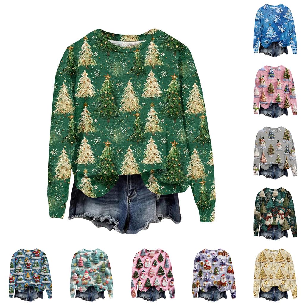 Women's Fashion Christmas Printed Long Sleeve Loose Round Neck Sweatshirt Top