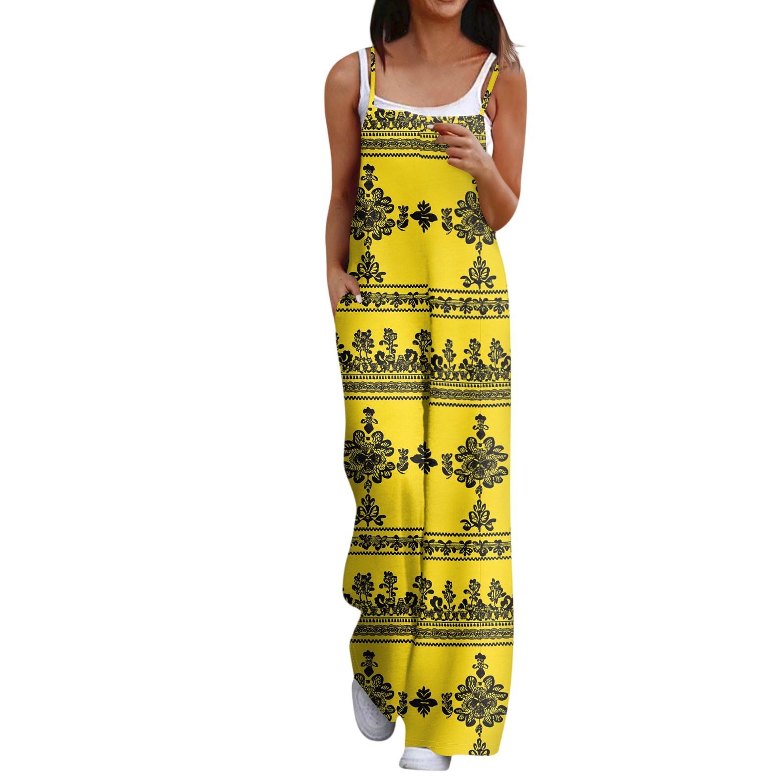 

Широкий комбинезон для женщин, повседневный свободный комбинезон без рукавов с принтом и пуговицами, длинные брюки, комбинезон с карманами XL жёлтый
