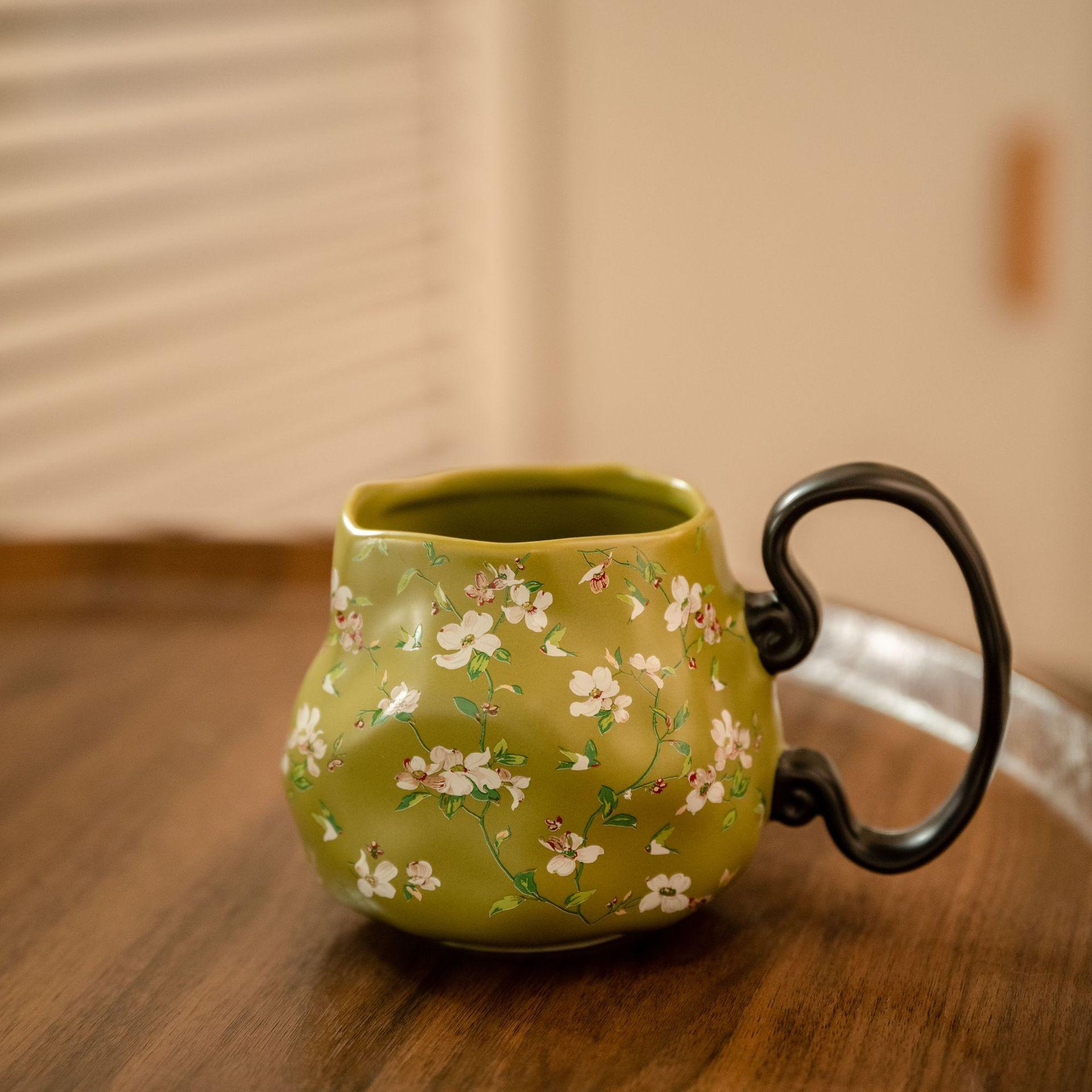 

Chinese Style Floral Mugs Ceramic Household Drinking Cups High End Light Luxury High Appearance Level Office Coffee Cups 300ml