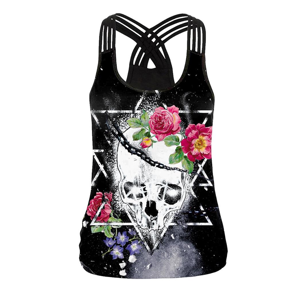 Women's Sleeveless V Neck Tank Top Digital Print Cross Strap Back Design Casual Summer Blouse Lightweight Breathable Fabric