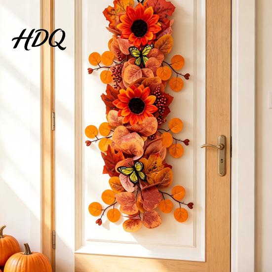 Fall Sunflower Garland with Butterflies Artificial Wall Hanging Maple Leaf Butterfly Autumn Harvest Decoration for Hanging Wreath Indoor Outdoor