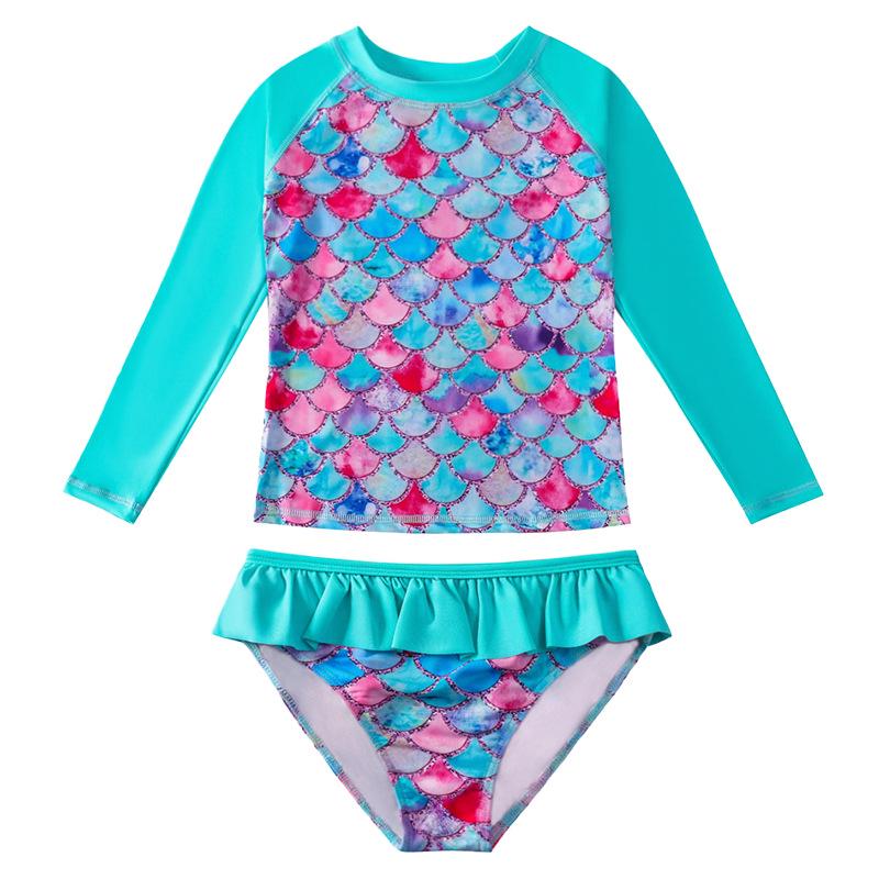 European & American Mermaid Girls' Split Skirt Swimsuit - Colorful Gradient Long Sleeve Swimwear