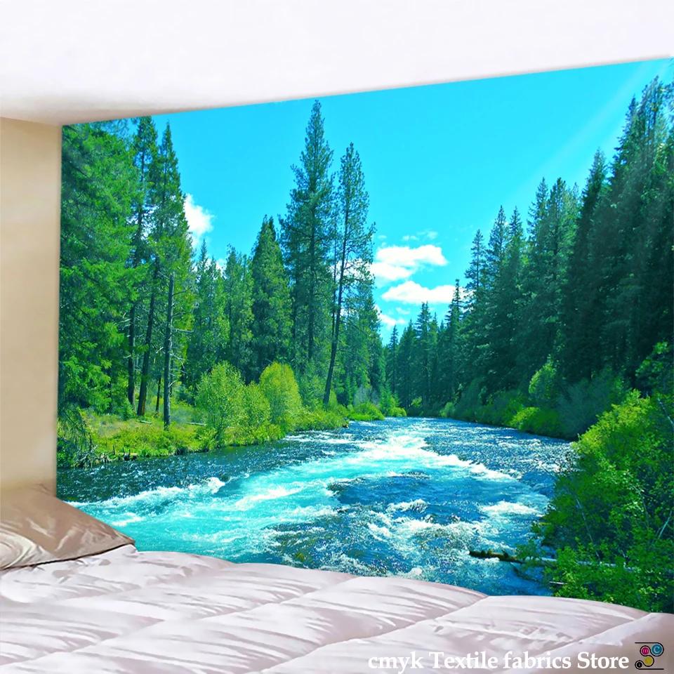 Forest River Wall Tapestry - Nature Landscape HD Print, Calming Waterfall Scene for Bedroom & Living Room Decor