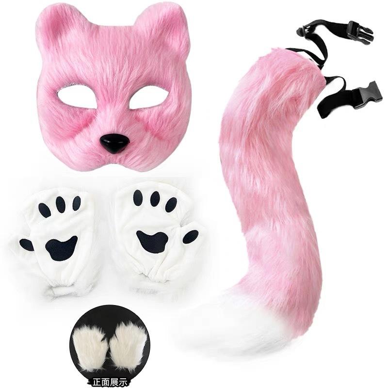 Faux Fur Fox Tail Cat Wolf Cosplay Costume Set with Plush Mask Fluffy Paw Gloves for Halloween And Christmas Party Accessories