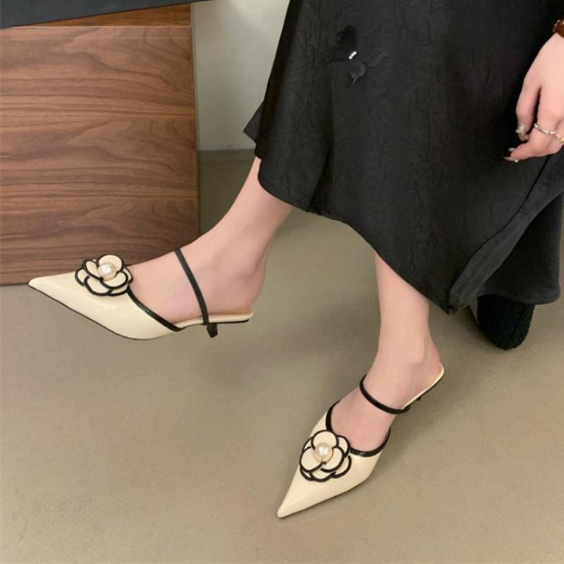 Chaussons d'été de luxe pour femme à bout ouvert et motif floral, Pantoufles mode à talon moyen, Escarpins de soirée, Claquettes sexy, Sandales de banquet et de strip-tease