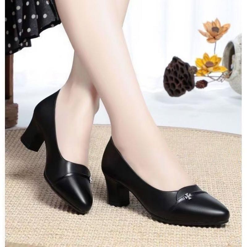 Women's Leather Pointed-Toe Pumps Comfortable Chunky Heel Dress Shoes with Rhinestone Detail