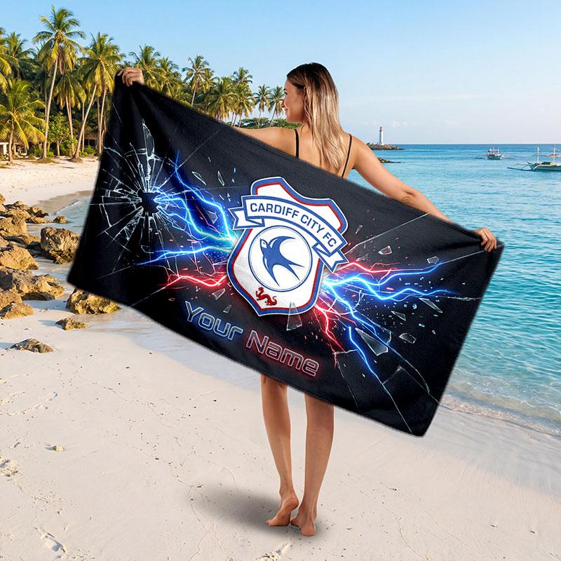 Cardiff City Custom Beach Towel, Personalized Name Text Print, Football Logo Soft Quick‑Dry Towel Holiday Gift
