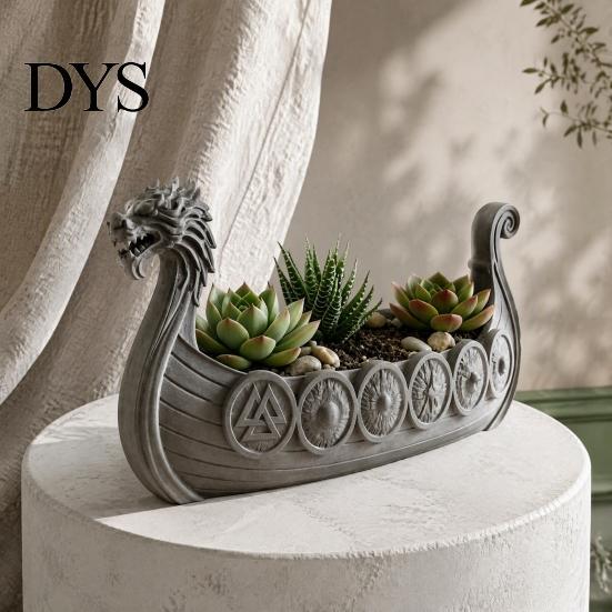 Modern Home Garden Decor Viking Longship Planter Pot, Dragon Boat Indoor Plant Holder for Cacti Creative Resin Air Plants, Rustic Nordic Ship