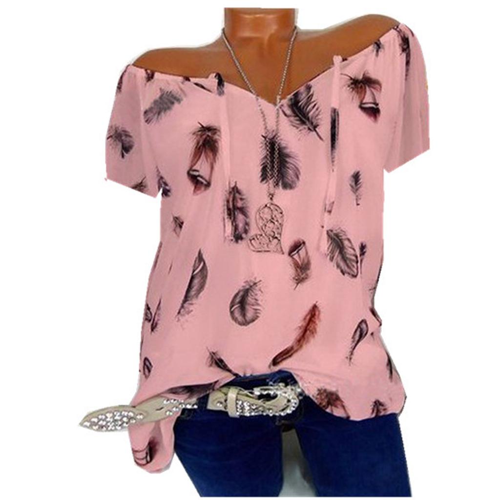 Women Summer Casual Fashion Printed V-neck Short Sleeve Top Blouse T-Shirt