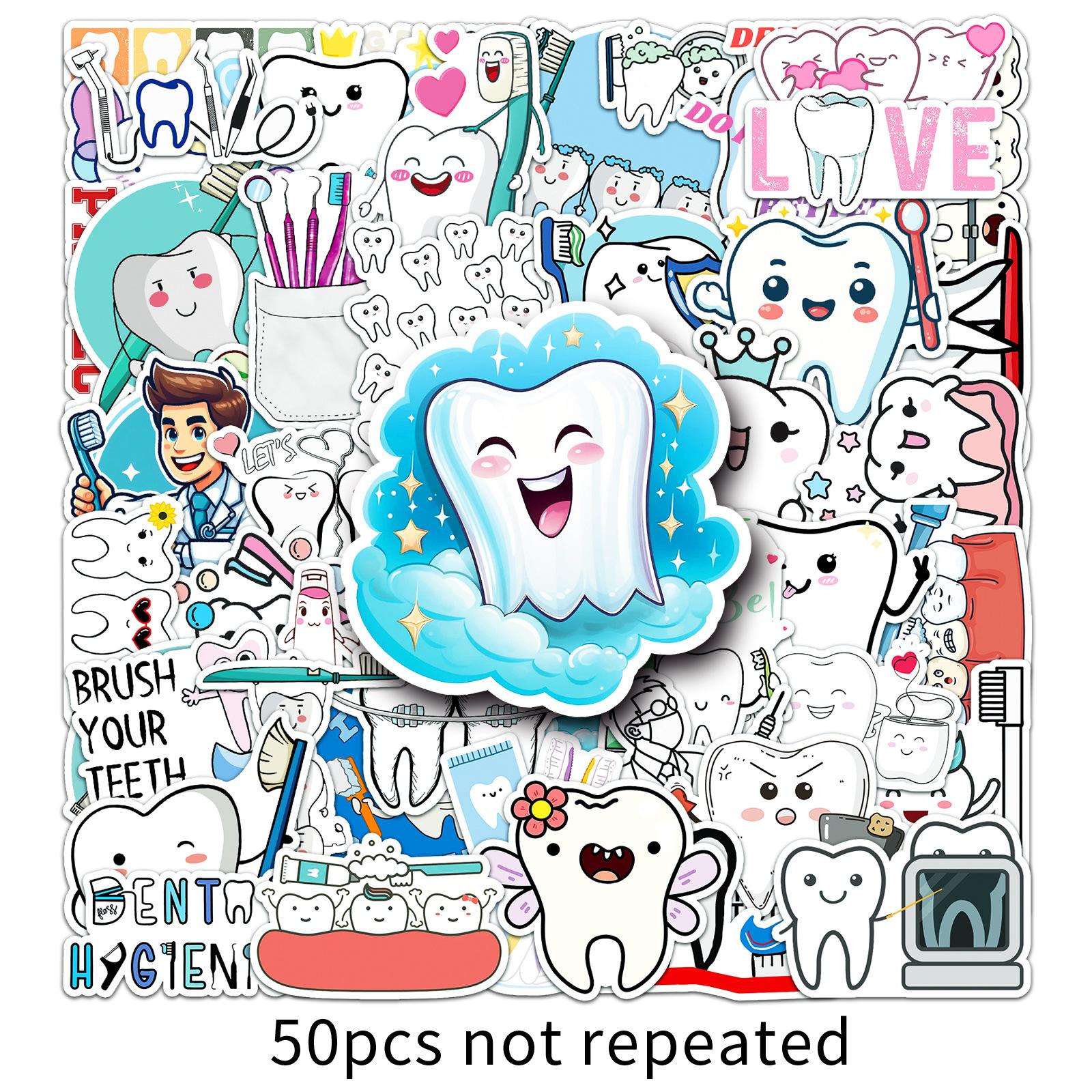 

50 Tooth Care Doodle Stickers: Personalised Cartoon Characters for Decorating Water Bottles and Luggage set of 50pcs