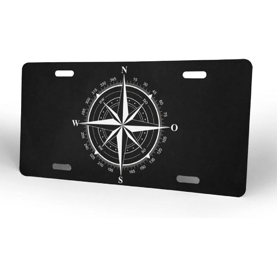 Black And White Compass Rose Front License Plate Aluminum Decorative License Plates Funny Metal Car Plate 6"X12" Novelty Vanity Tag Cover With 4