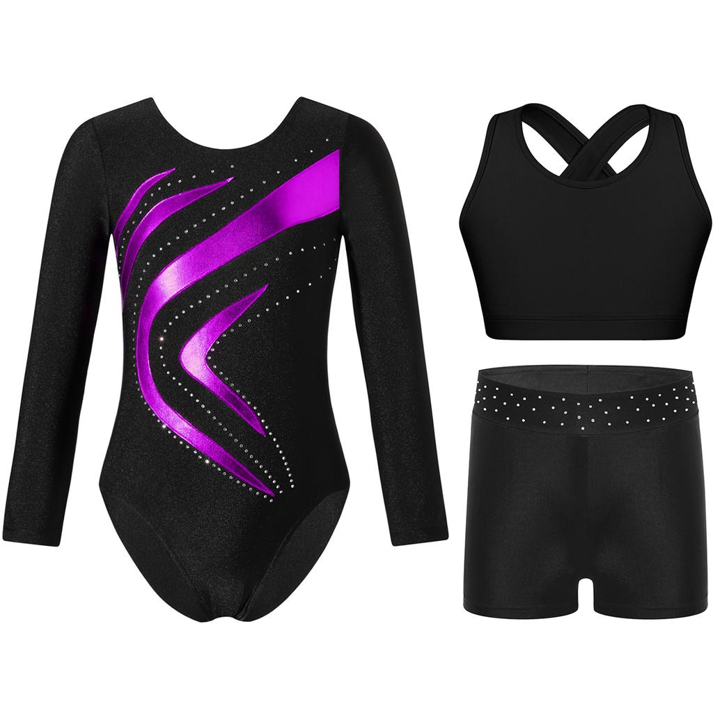 Girls Gymnastics Dance Set Long Sleeve Metallic Patchwork Leotard Cross Back Vest Rhinestone Waistband Shorts