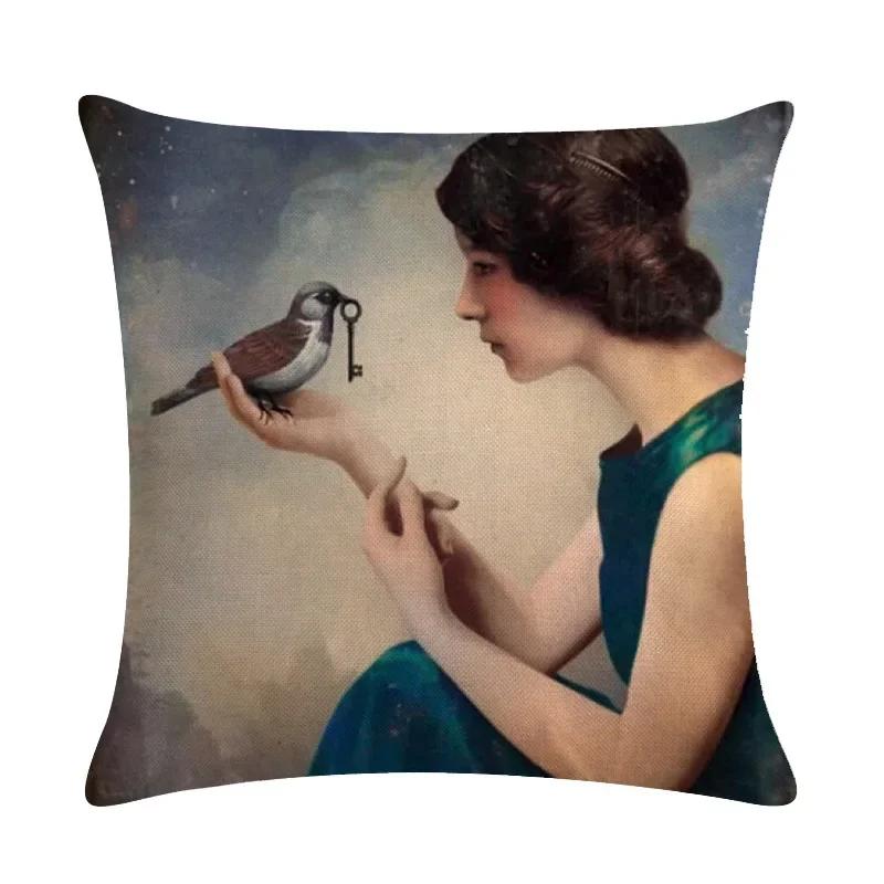 Abstract Fairy Girl Decorative Cushion Cover Linen Pillowcase For Sofa Couch Bedroom Home Living Room Decor 45X45Cm
