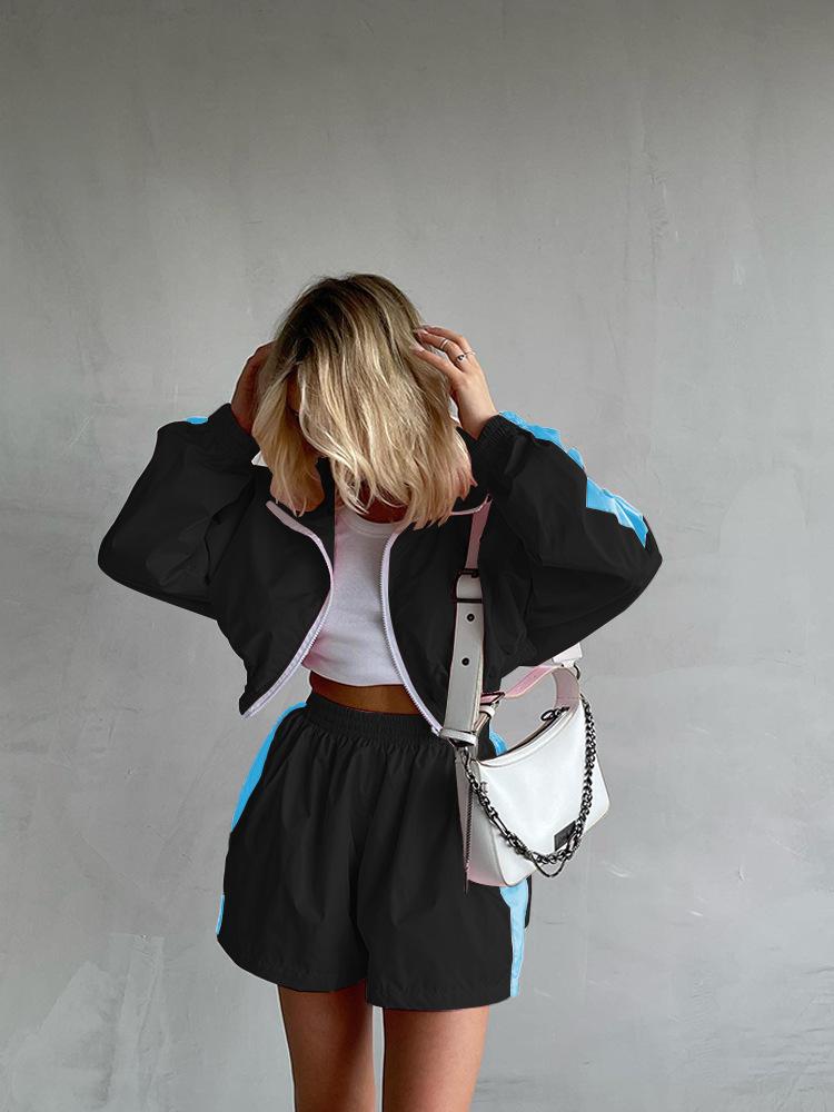 Fashion Women's Long Sleeve Zip Up Sports Cardigan Jacket with Shorts Set,  Quick Dry Breathable Workout Running Attire