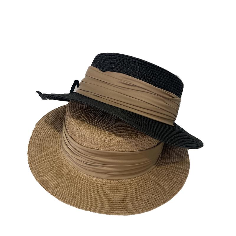Folded ribbon flat top straw hat women's summer travel sun protection flat top hat vacation hat fashion versatile top hat