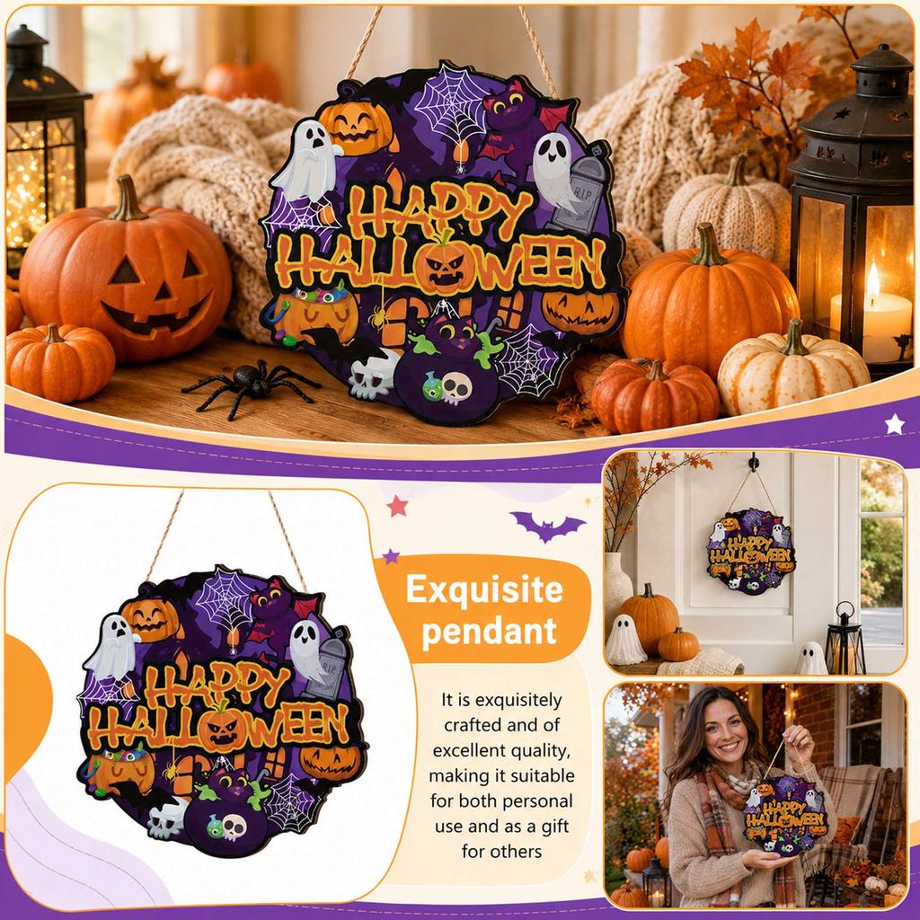 Wooden Halloween Hanging Sign with Pumpkin Skeleton Design for Front Door Party Decor