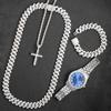 16mm Hip Hop Miami Cuban Link Kette Set Halskette +Uhr+Armband Kreativ Iced Out Glänzend Trendig Stilvoller Schmuck Für Damen Herren
