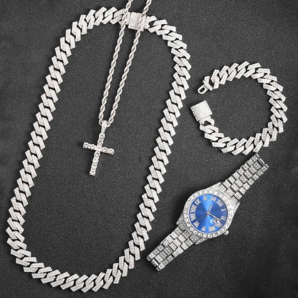 16mm Hip Hop Miami Cuban Link Kette Set Halskette +Uhr+Armband Kreativ Iced Out Glänzend Trendig Stilvoller Schmuck Für Damen Herren