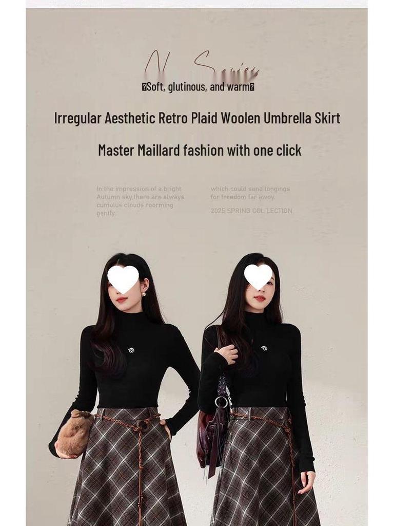Women's Retro Irregular Plaid Woolen A-line Long Skirt - Autumn/Winter 2025 Collection