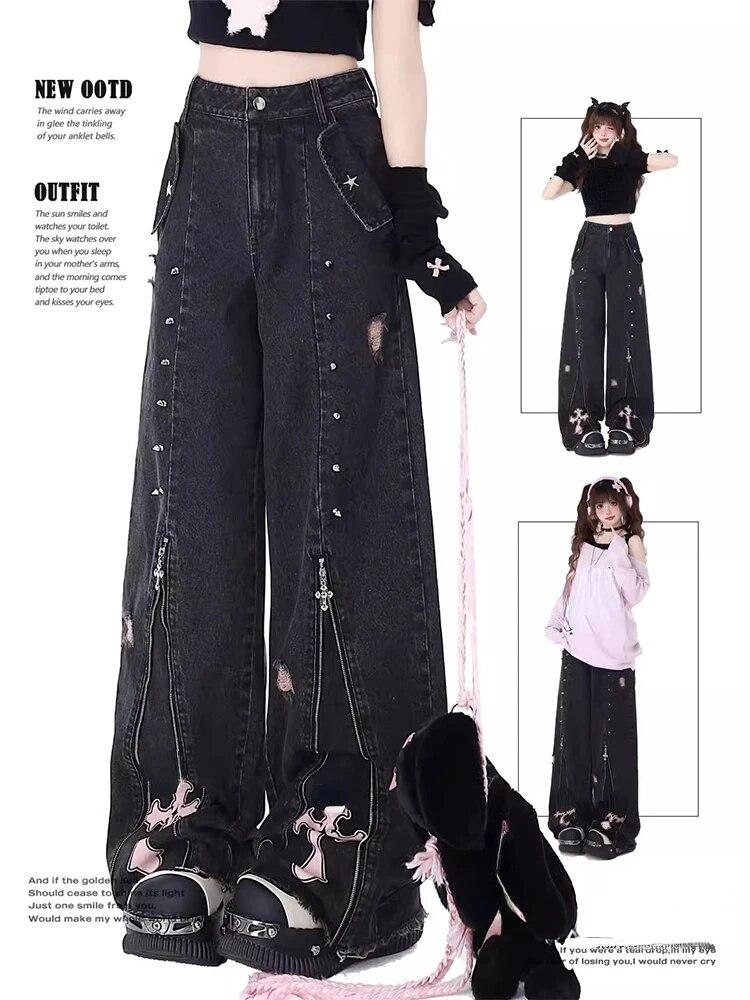 Women's Black Gothic Baggy Y2k Jeans Vintage Streetwear Cowboy Pants Harajuku Denim Trousers