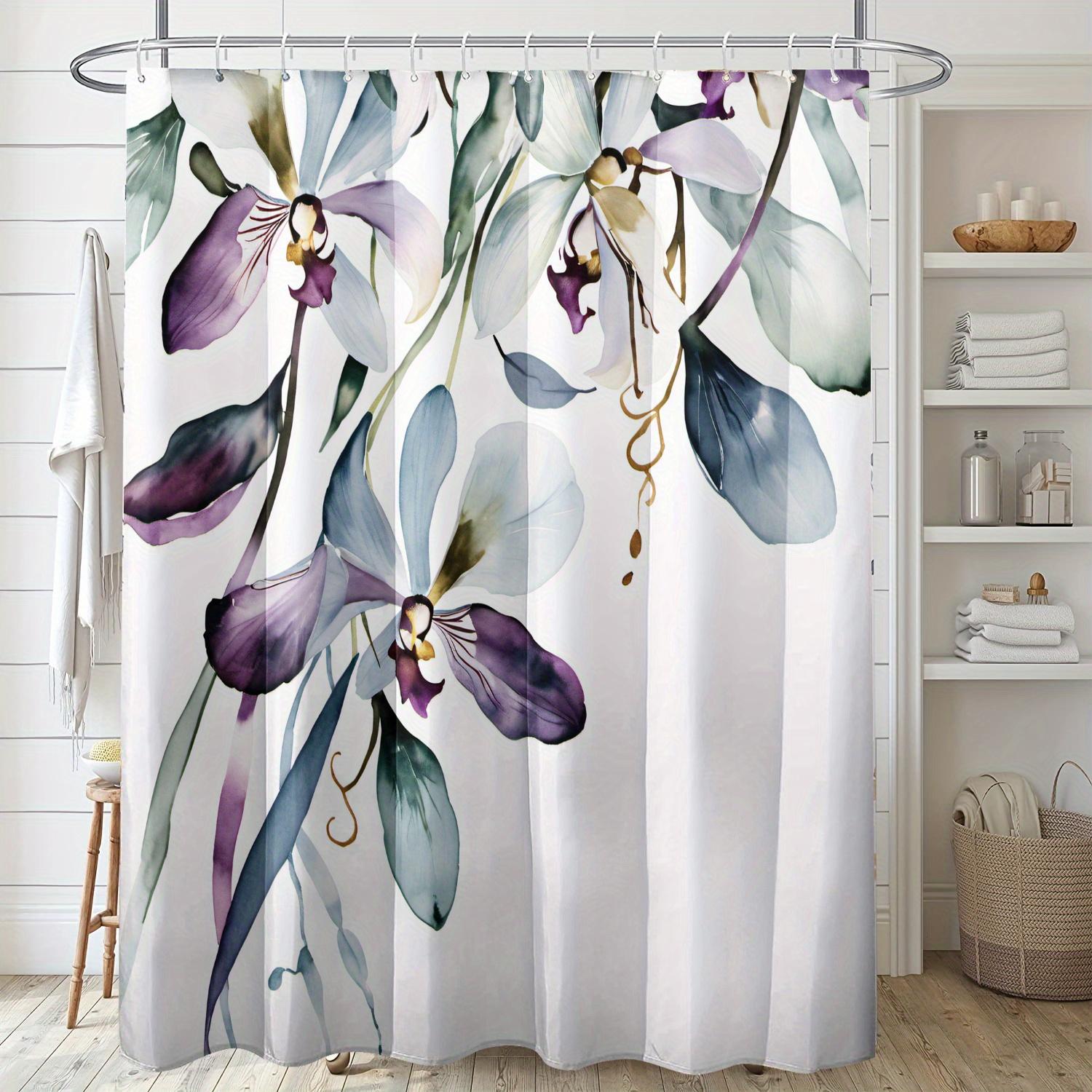 

1Pc Elegant Floral Shower Curtain With Hooks, Ink Blue And Purple Floral Pattern On Light Grey Background, Polyester Fabric W60H190(CM)-1 Pcs