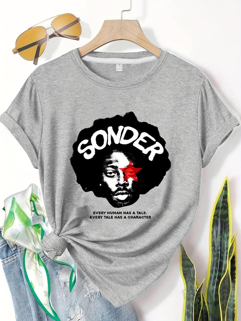 SONDER Graphic Print T-Shirt Unisex Summer Short Sleeve Tee with Bold "Every for Man Has A Character" Design Casual Loose Top