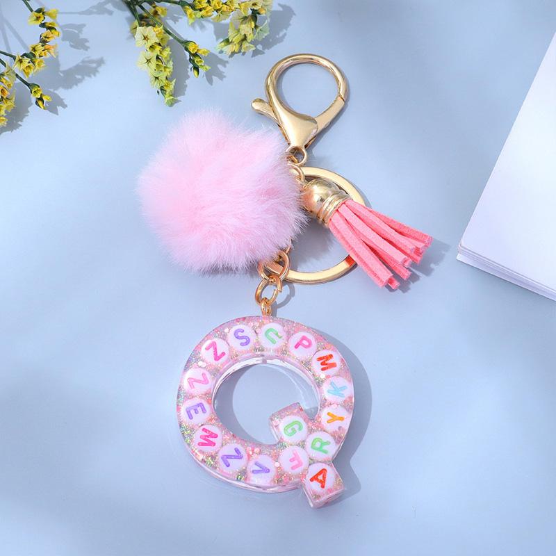 1PC Keyring Key Accessory Letter Filled Colourful Initial Pendant With Fluffy Keychain Glitter Tassel Charms For  Bags Backpacks