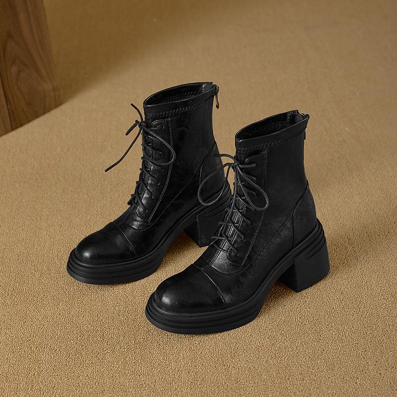 Spot silent low | thick heel 7cm strap skinny boots rear zipper thick-soled elastic boots splicing short boots girls