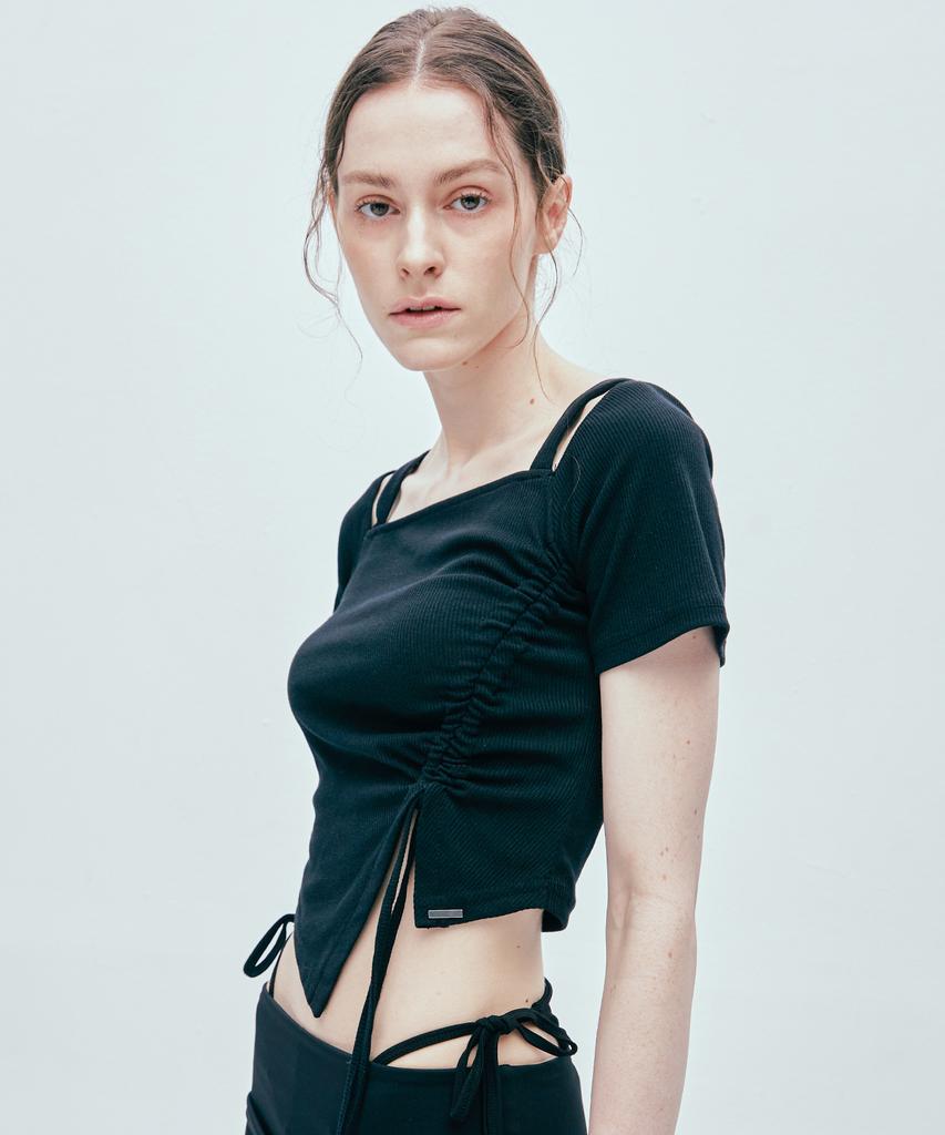 SSY 2-Way Side Shirred Square Neck T-Shirt Black